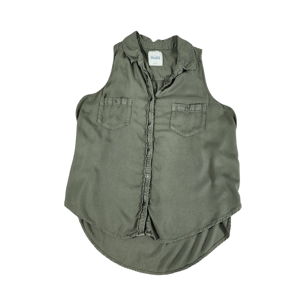 Mudd Womens XL Olive Green Sleeveless Embroidered Button Down Top High Low Hem